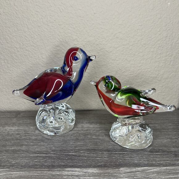 VINTAGE Set Of 2 MURANO Style Art Glass Figurine Birds Paperweight Colorful - Picture 1 of 7